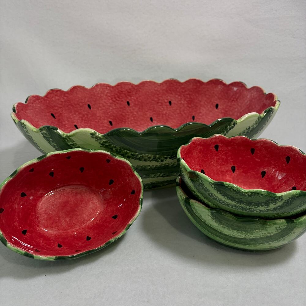 Watermelon Decorative Serving Bowl Set Ceramic with 3 Small Bowls Cookout BBQ